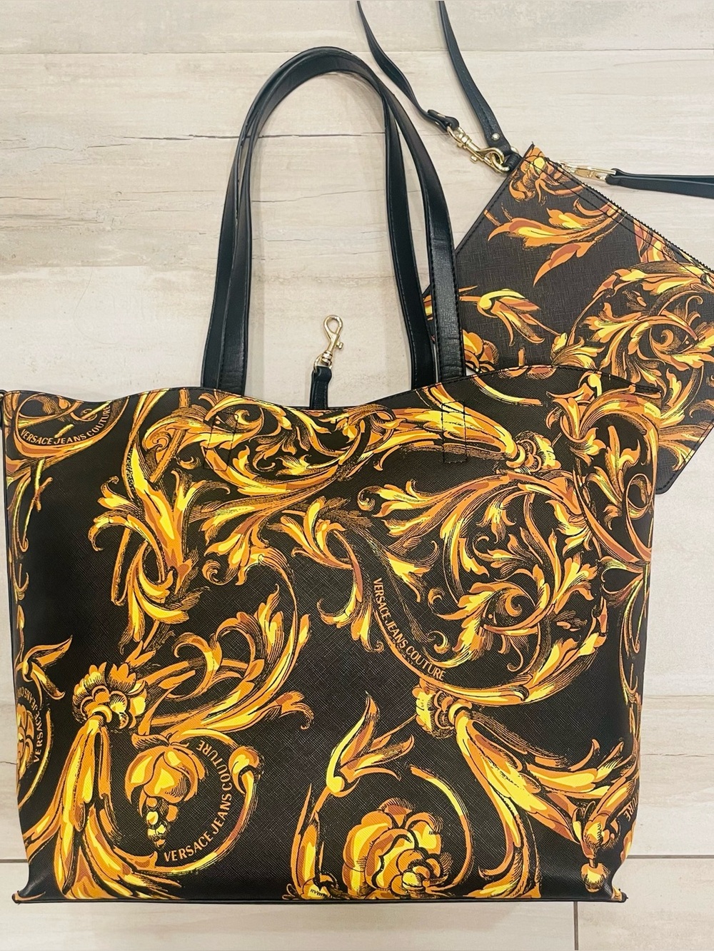 Versace black and gold never full baroque tote bag with clutch pouch